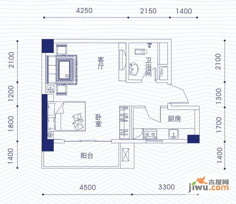 融昌邕江银座1室1厅1卫46.8㎡户型图