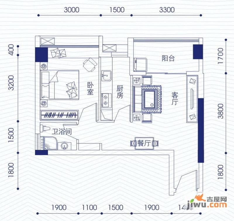 融昌邕江银座1室1厅1卫51.8㎡户型图