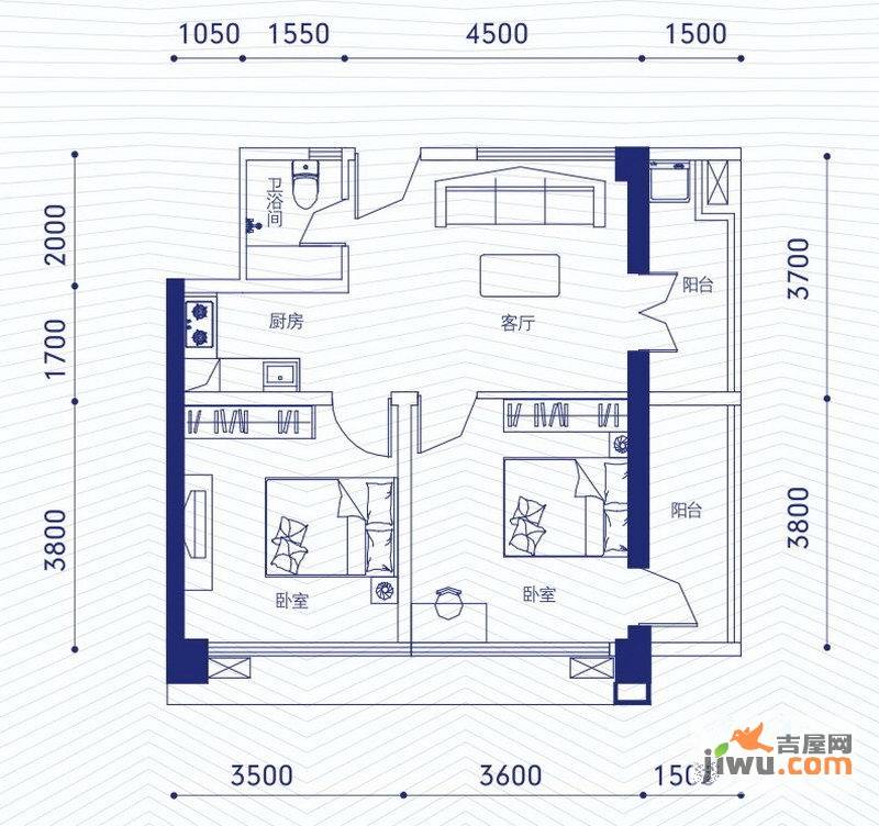 融昌邕江银座2室1厅1卫80.9㎡户型图