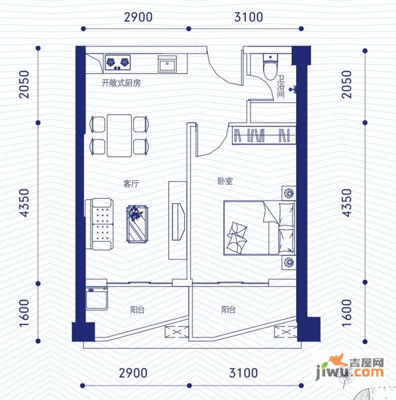 融昌邕江银座1室1厅1卫62.3㎡户型图