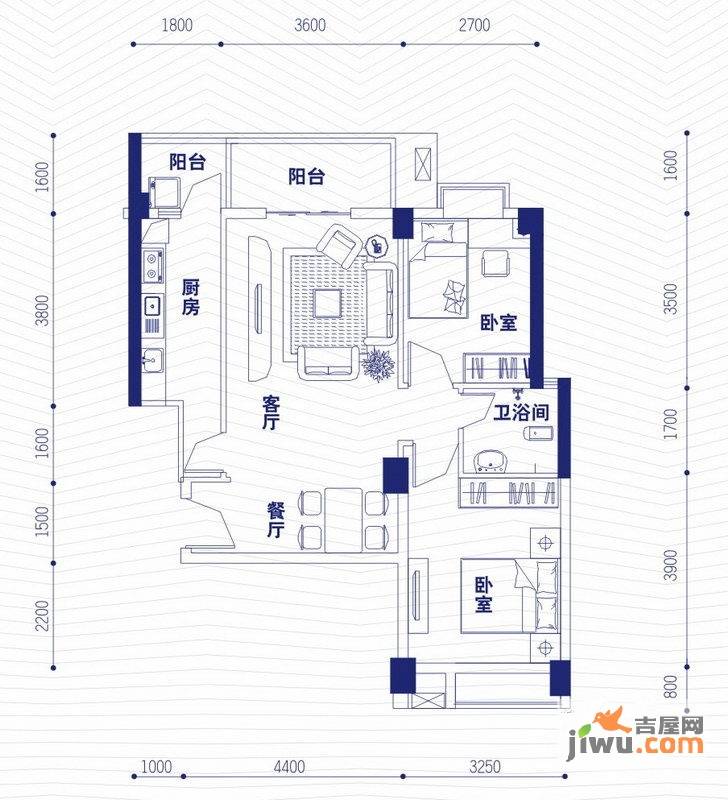 融昌邕江银座2室2厅2卫84.4㎡户型图