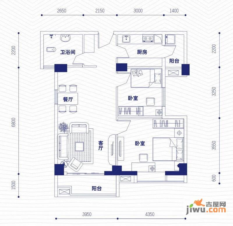 融昌邕江银座2室2厅2卫93.9㎡户型图