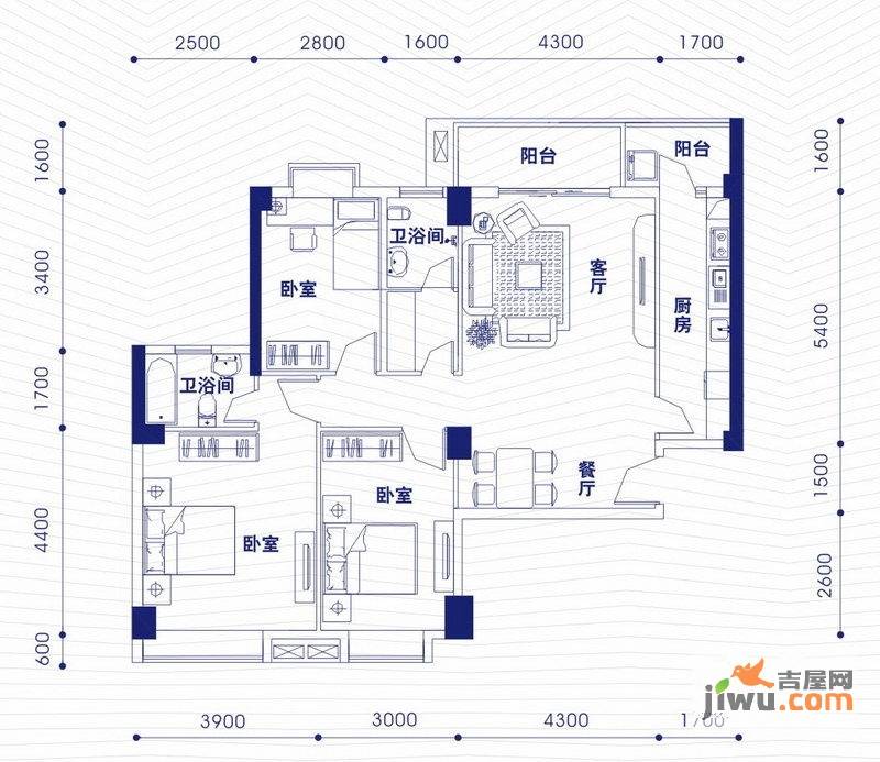 融昌邕江银座3室2厅2卫128.7㎡户型图