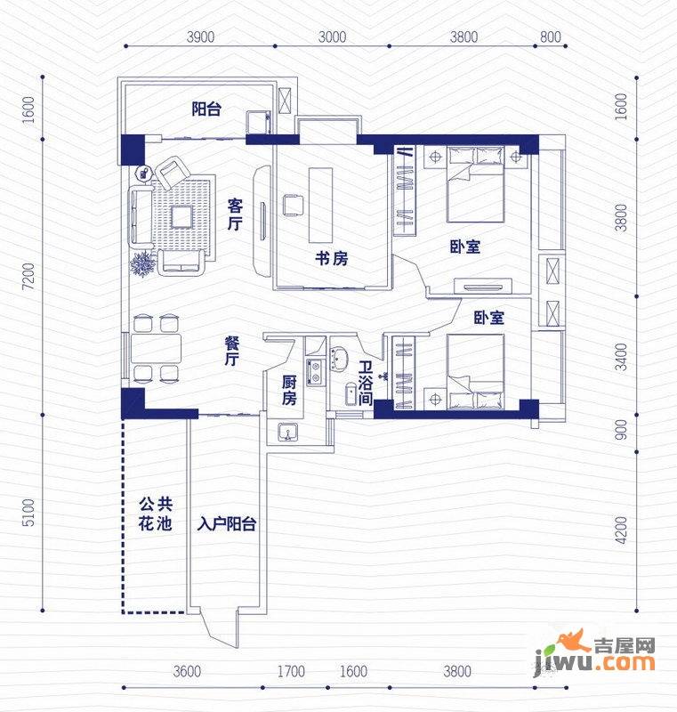 融昌邕江银座3室2厅1卫110.1㎡户型图