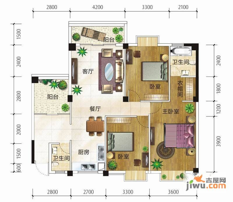 蓝宝国际3室2厅2卫127.5㎡户型图