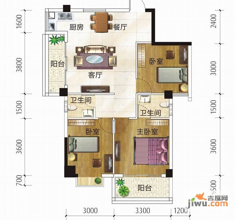 蓝宝国际3室2厅2卫87.9㎡户型图