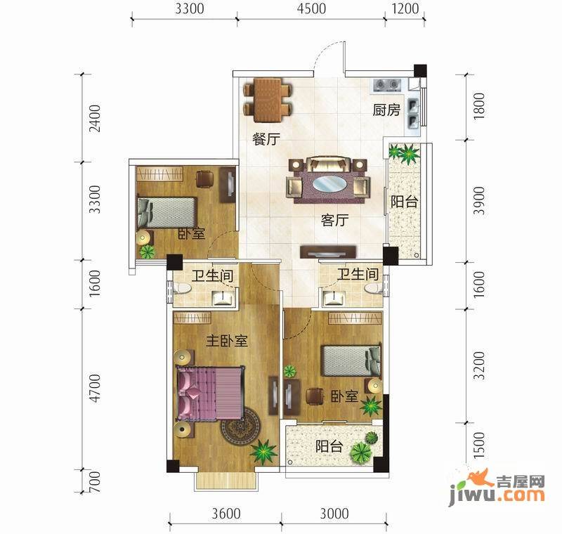 蓝宝国际3室2厅2卫98.1㎡户型图