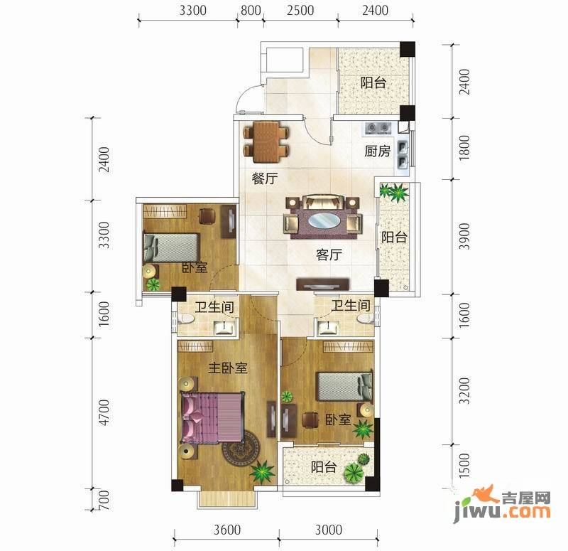 蓝宝国际3室2厅2卫98.1㎡户型图