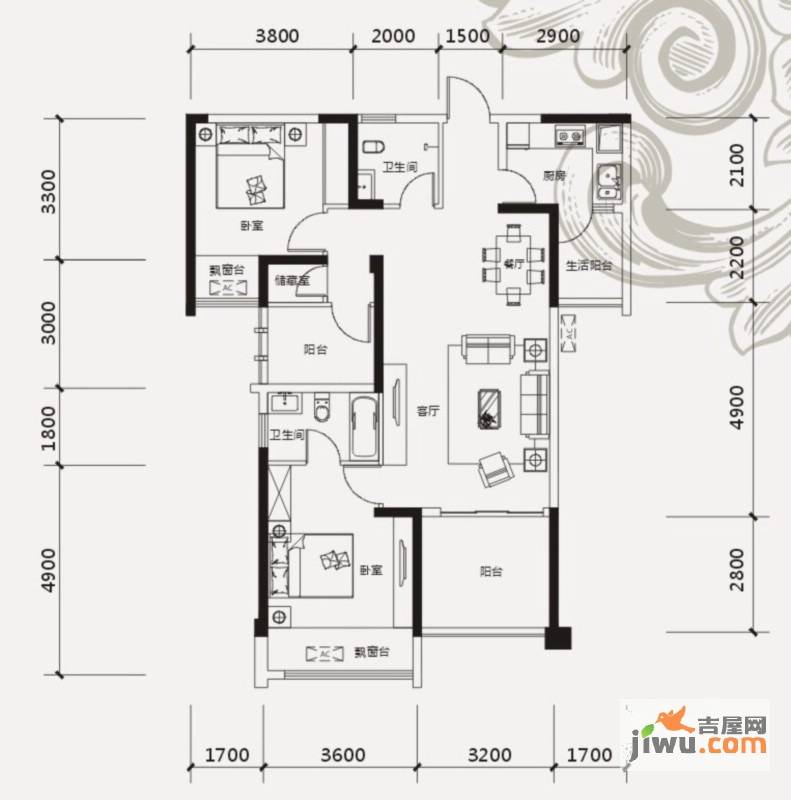 中国铁建凤岭山语城2室2厅2卫106㎡户型图