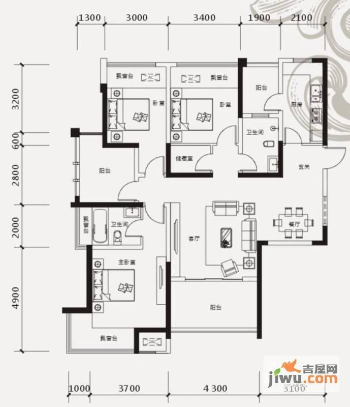 中国铁建凤岭山语城3室2厅2卫137㎡户型图