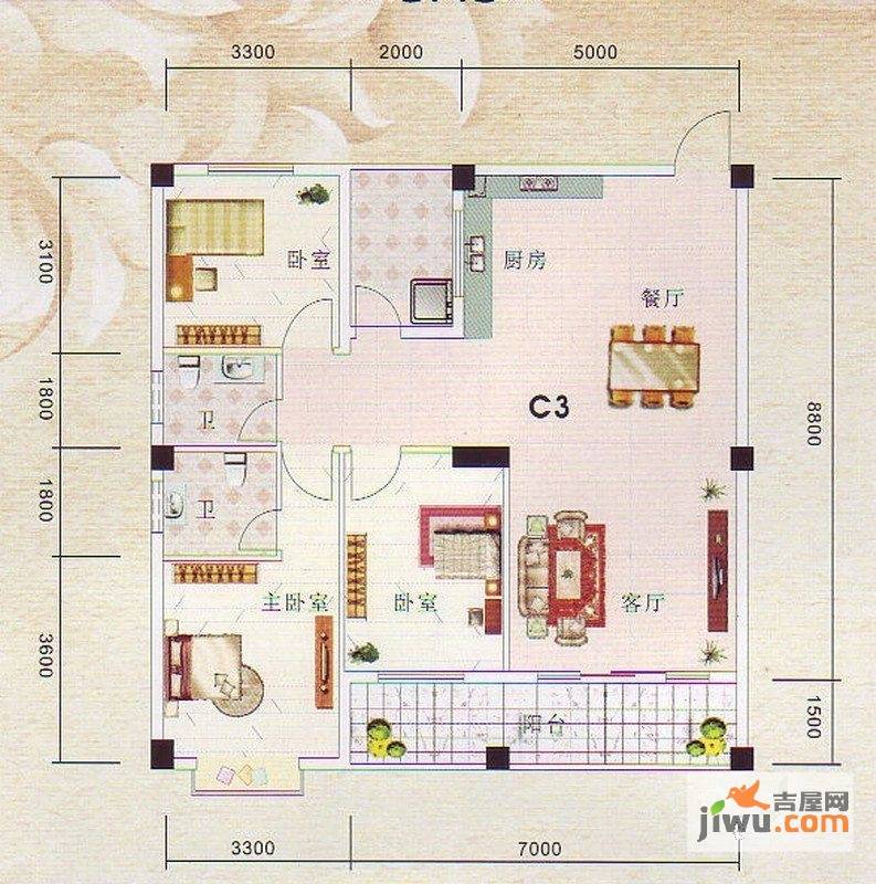 凤岭名园·弥珍道3室2厅2卫115.5㎡户型图