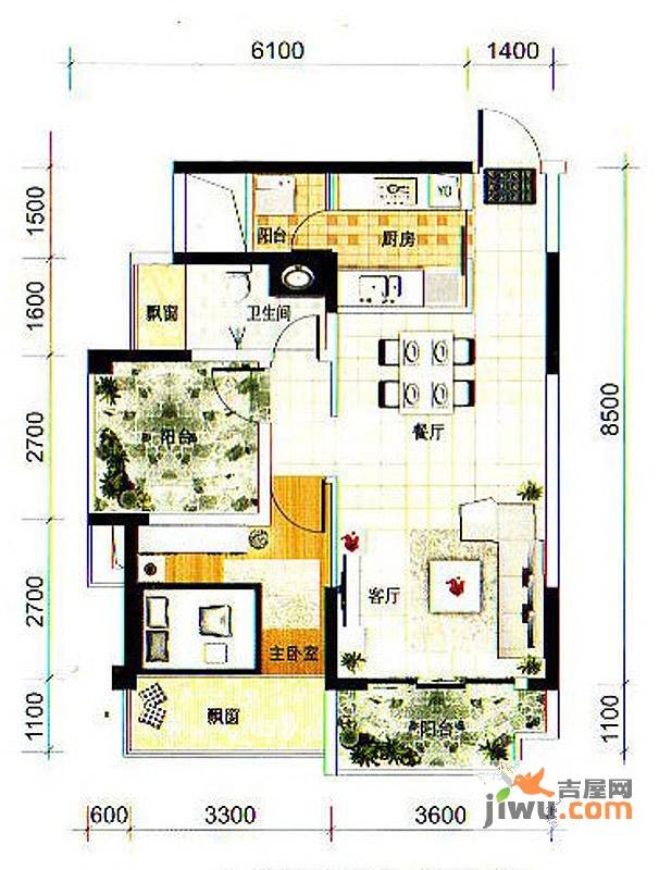 红日学府1室2厅1卫69.1㎡户型图