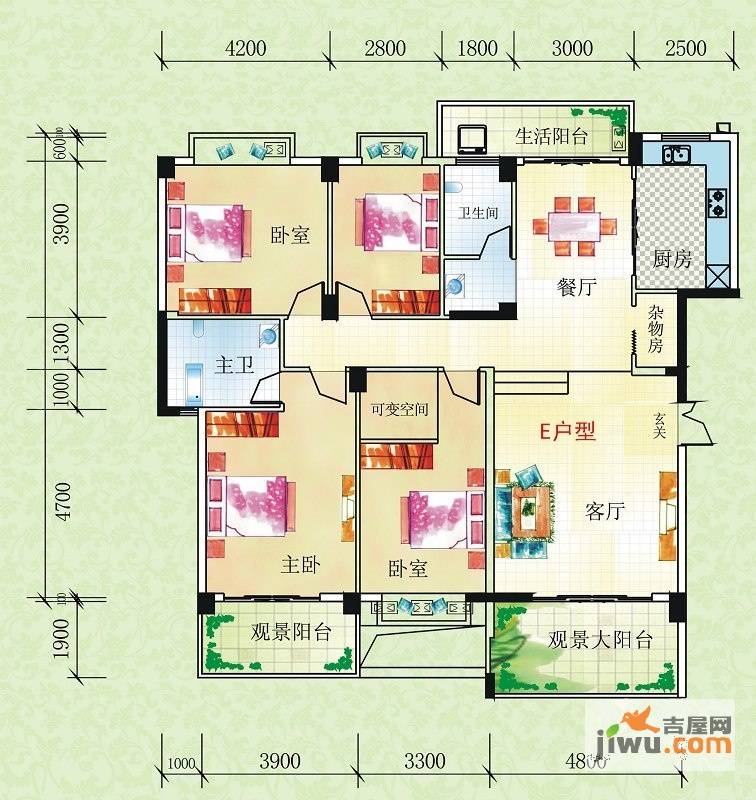 凤岭春天15,16#楼e户型4室2厅2卫1厨户型