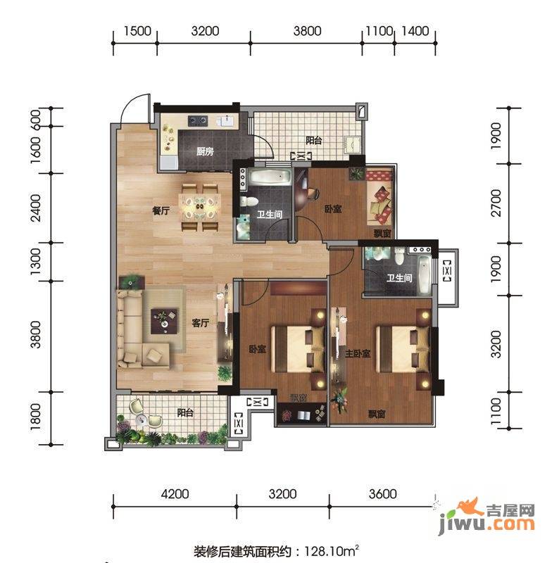 盛天果岭3室2厅2卫111.1㎡户型图