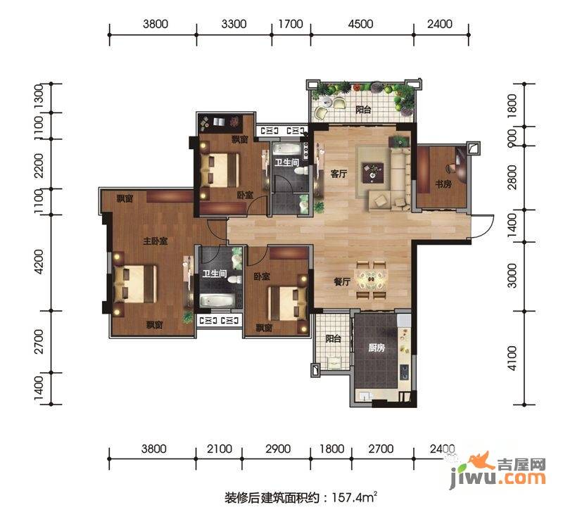 盛天果岭4室2厅2卫124.6㎡户型图