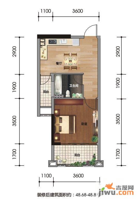 盛天果岭1室1厅1卫44.6㎡户型图