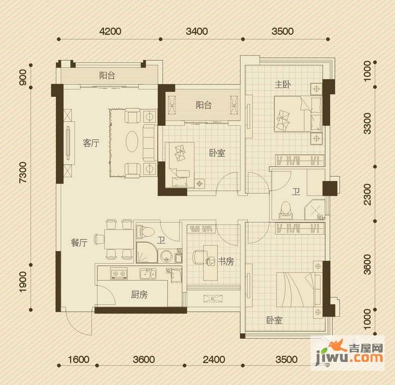 正恒国际广场2室2厅2卫100㎡户型图