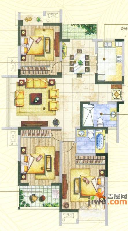 湖港名居3室2厅2卫126.3㎡户型图