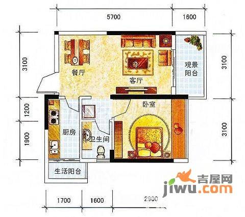 沃德梦想1室2厅1卫52㎡户型图