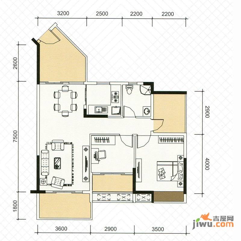 盛天龙湾2室2厅2卫86.5㎡户型图