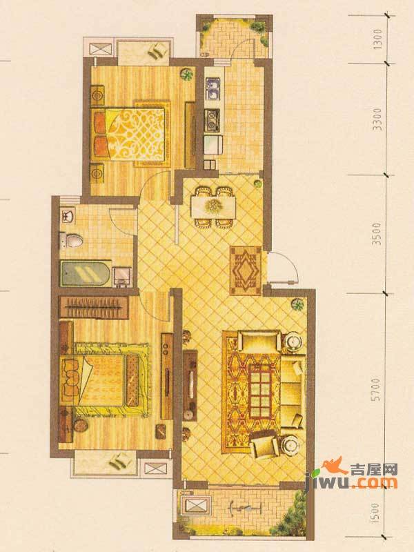 恒盛泰晤士印象2室2厅1卫92㎡户型图