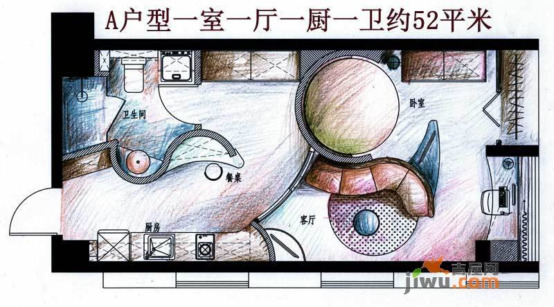 启秀戴斯酒店克拉公馆1室1厅1卫52㎡户型图