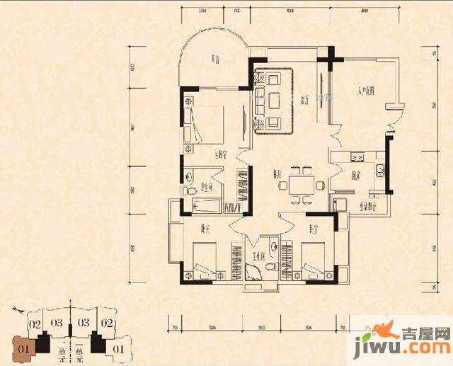 金域时代1室2厅2卫134.2㎡户型图