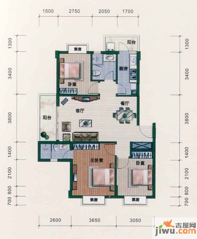 西江月3室2厅2卫96.5㎡户型图