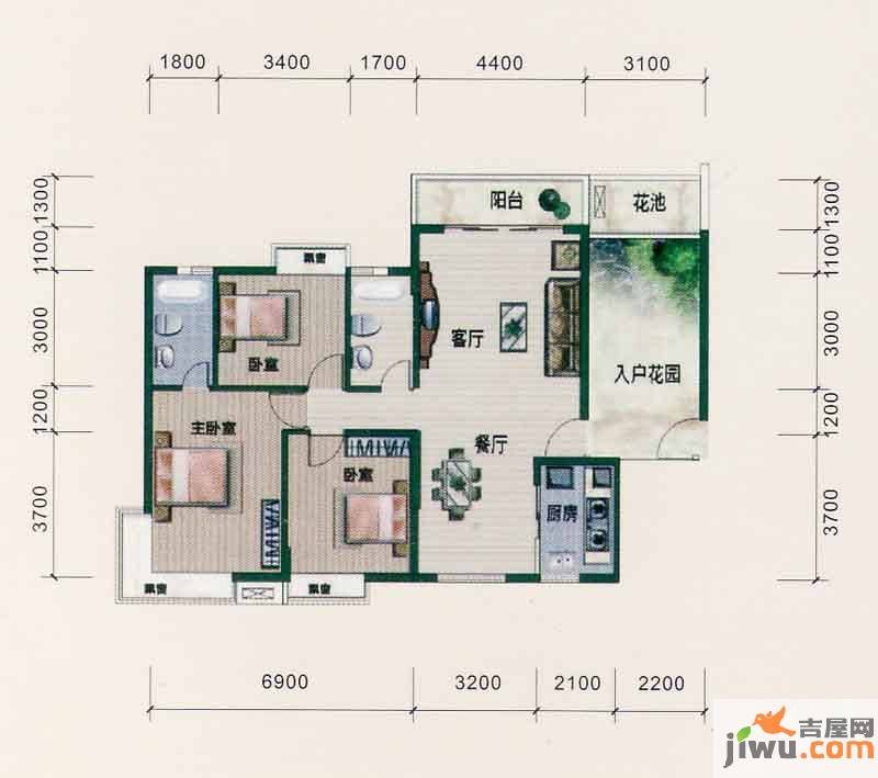 西江月3室2厅2卫125.1㎡户型图