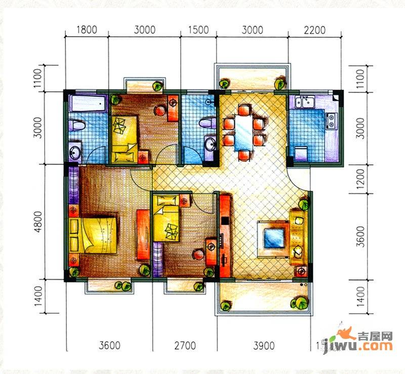 愉翠雅园3室2厅2卫90.3㎡户型图