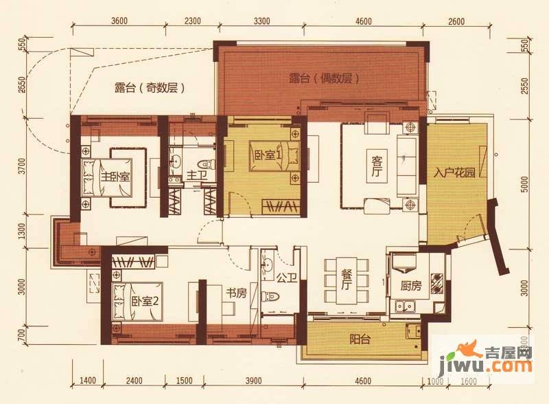 御景国际1室2厅2卫132.3㎡户型图