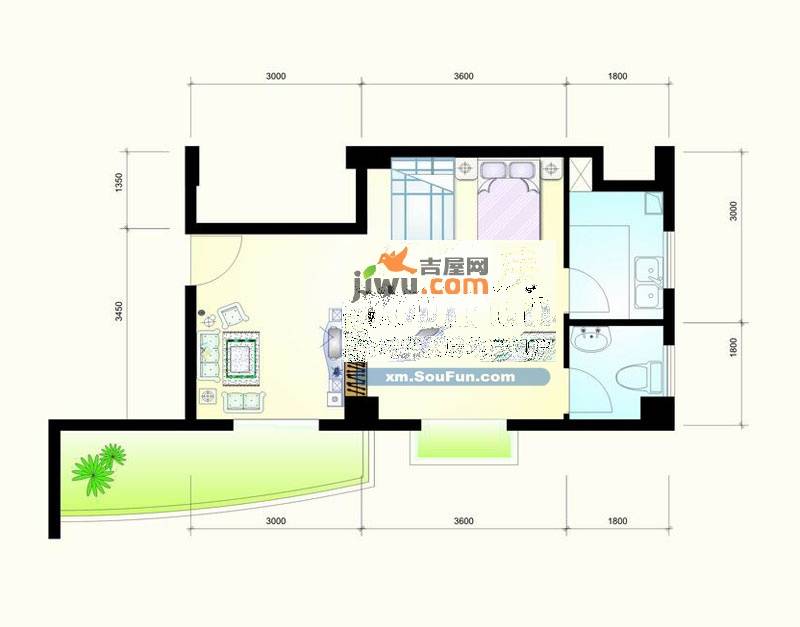 华森公园首府1室1厅1卫49.4㎡户型图