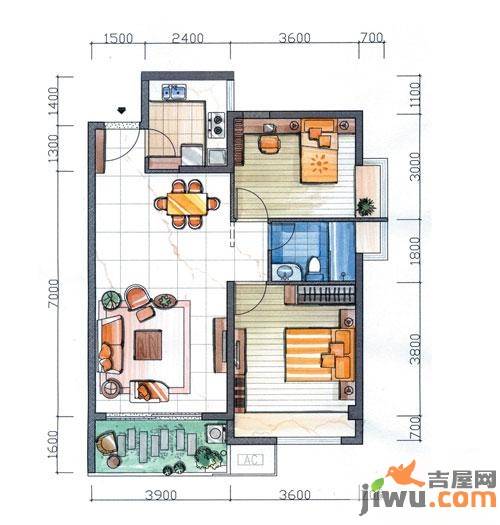 泉舜泉水湾2室2厅1卫86.8㎡户型图