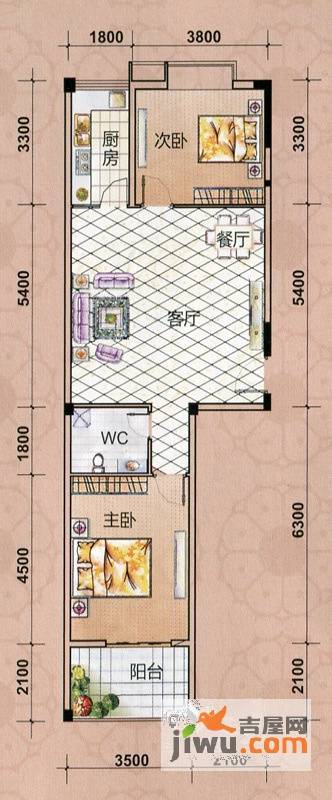 幸福海岸二期2室1厅1卫89.1㎡户型图