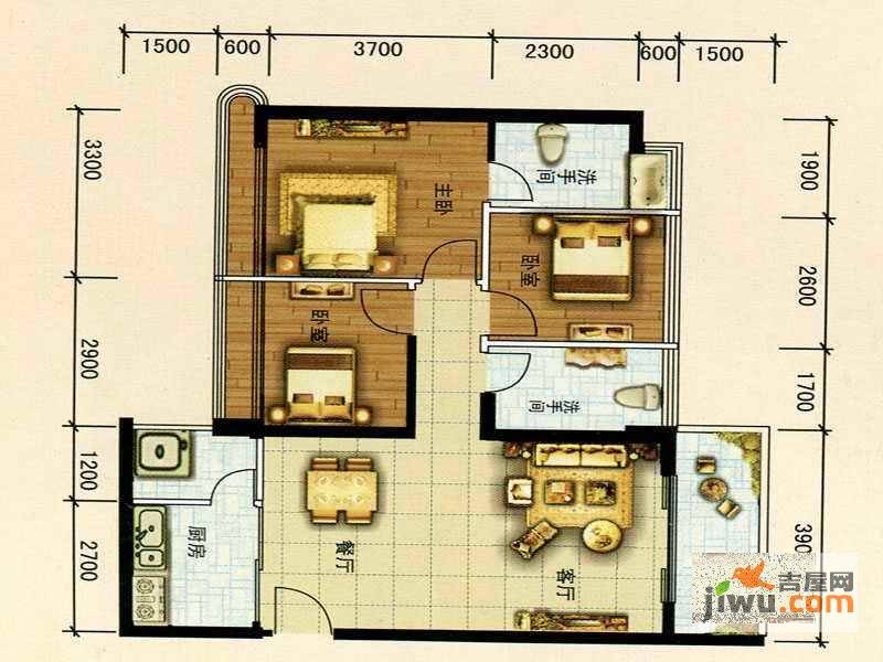 北海名座四期3室2厅2卫88.6㎡户型图