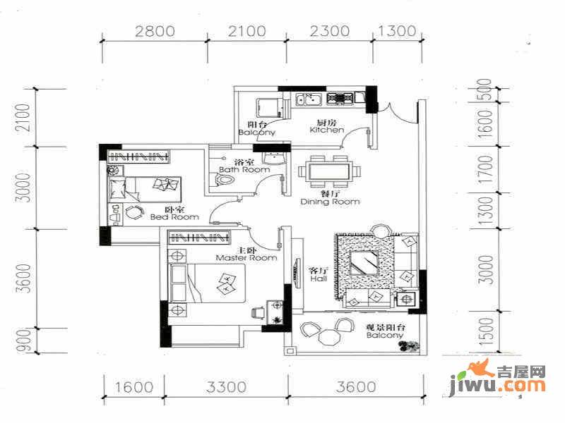 广源星海名城二期2室2厅1卫71.4㎡户型图