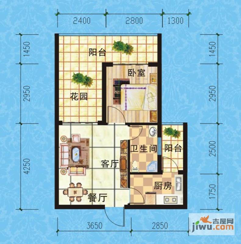 中南锦绣花园1室1厅1卫47.3㎡户型图