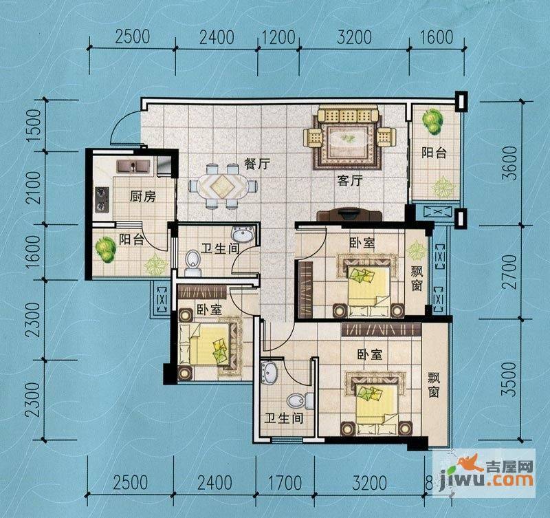 桐洋国际海岸3室2厅2卫88.6㎡户型图