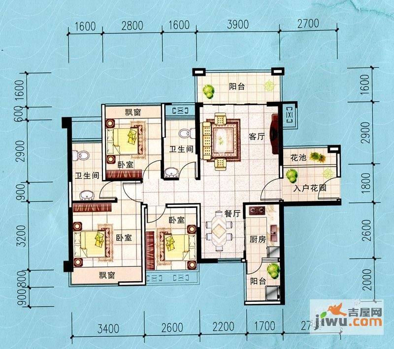 桐洋国际海岸3室2厅2卫88.5㎡户型图