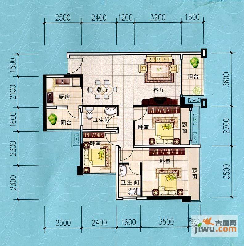 桐洋国际海岸3室2厅2卫89.1㎡户型图