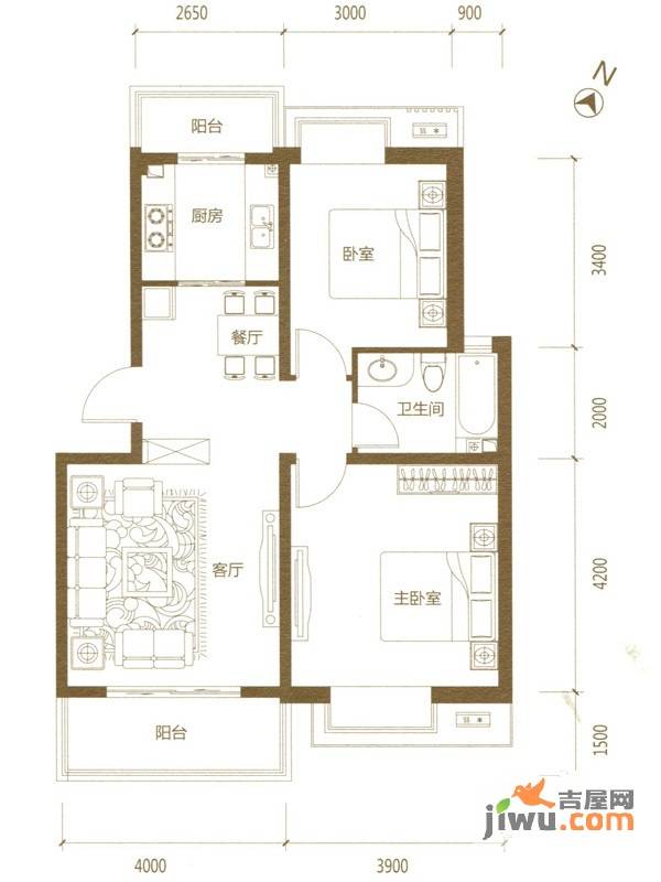 颐和城2室2厅1卫84.7㎡户型图