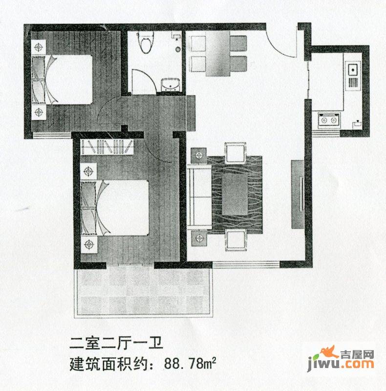 晨巍金地2室2厅1卫91.2㎡户型图