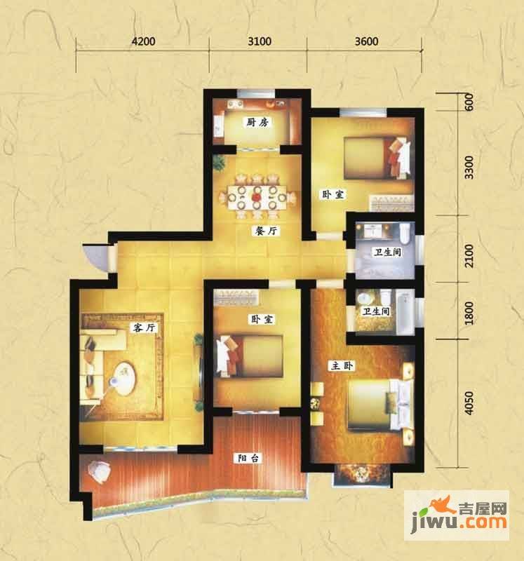 湘水左岸3室2厅2卫127.3㎡户型图