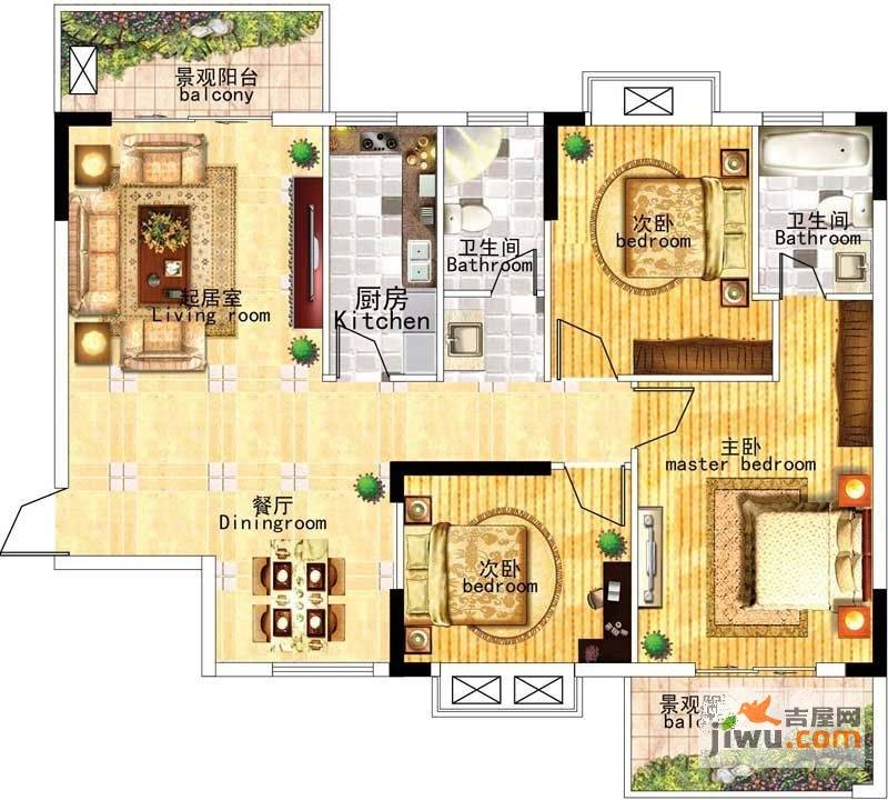 冠都幸福彼岸3室2厅2卫125㎡户型图