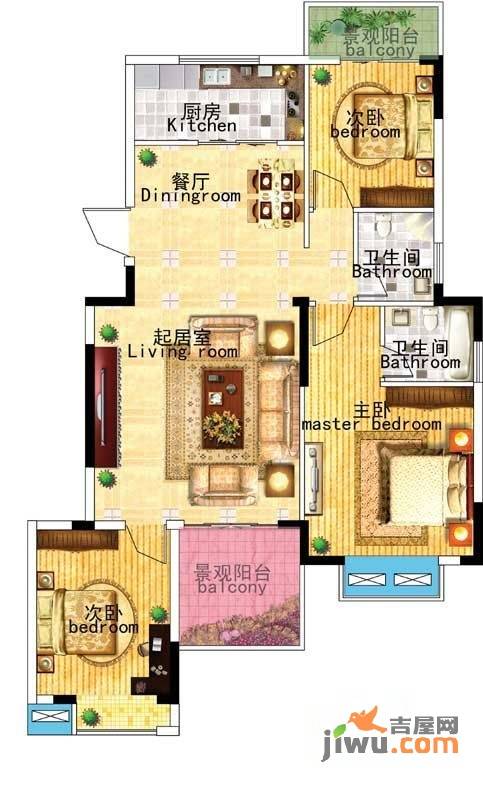 冠都幸福彼岸3室2厅2卫户型图