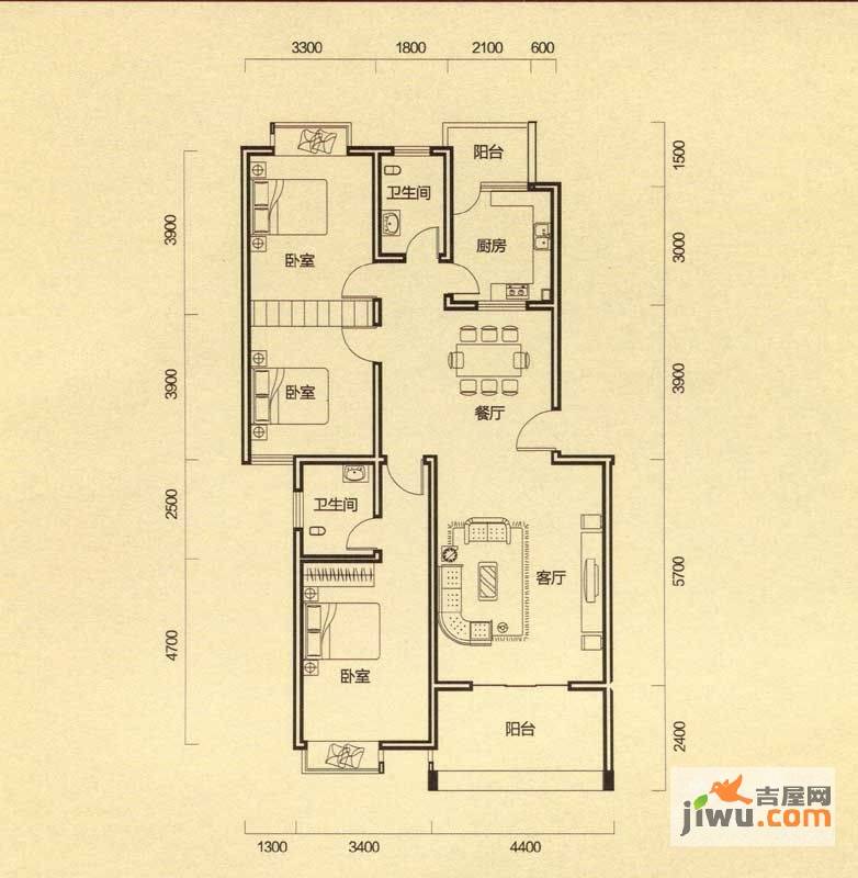 拓兴·阳光新城3室2厅2卫129.1㎡户型图