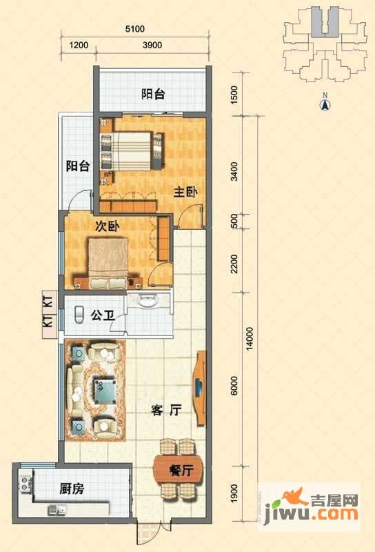 湘江名苑2室2厅1卫90.2㎡户型图