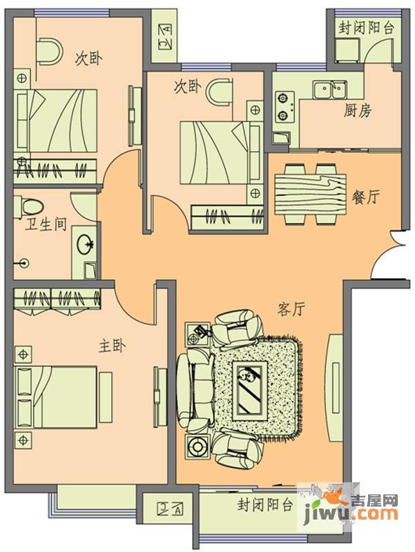 水岸小镇3室2厅1卫116.5㎡户型图