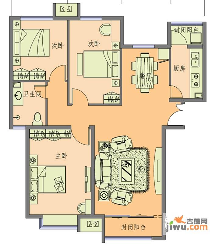 水岸小镇3室2厅1卫118㎡户型图