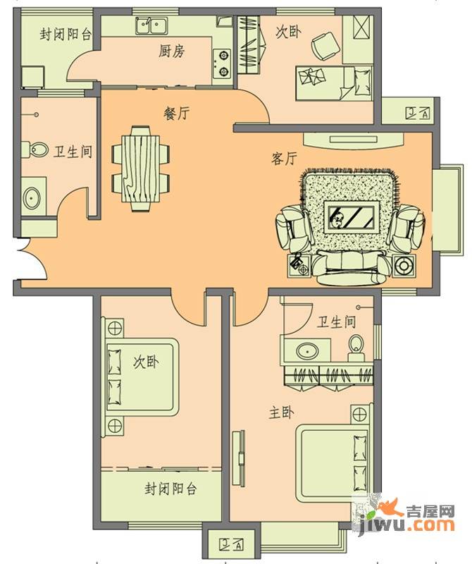 水岸小镇3室2厅2卫134.9㎡户型图